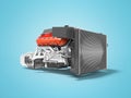 Car engine with radiator grille transmission with air filters 3d render on blue background with shadow