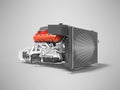 Car engine with radiator grille transmission with air filters 3d render on gray background with shadow