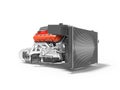 Car engine with radiator grille transmission with air filters 3d render on white background with shadow