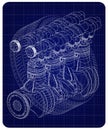 Car engine and wheel on a blue