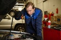 Car engineer technician mechanic in professional uniform checking oil level in car engine while doing repair and maintenance in Royalty Free Stock Photo