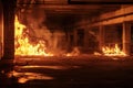A car engulfed in flames in an underground parking garage, creating a dramatic scene of fire and destruction Royalty Free Stock Photo