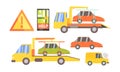 Car Evacuation Set, Road Assistance Service Help, Evacuator Tow Track and Damaged Cars Vector Illustration