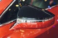 car exhibition new car rear view mirror yellow. Royalty Free Stock Photo