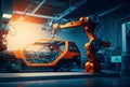 Car factory assembly line with automatic robotic arms working. Generative AI Royalty Free Stock Photo