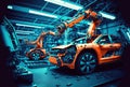 Car factory assembly line with automatic robotic arms working. Generative AI