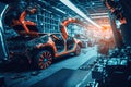 Car factory assembly line with automatic robotic arms working. Generative AI Royalty Free Stock Photo