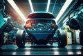 Car factory assembly line with automatic robotic arms working. Generative AI