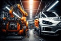 Car factory assembly line with automatic robotic arms working. Generative AI