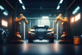 Car factory assembly line with automatic robotic arms working. Generative AI Royalty Free Stock Photo