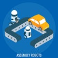 Car factory automated line, assembly robots, vector isometric illustration. Automation in industry, robotics technology.