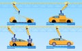 Car Factory Concept. Automatic line assembly car. Conveyor production. Automatic factory. Car production. Robotic arm