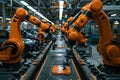 A car factory production line with robotic arms, a high-tech and futuristic atmosphere, a wide-angle lens capturing the