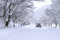 Car and falling snow in winter on forest road with much snow. Royalty Free Stock Photo