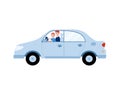 Car with father teaching his boy child to drive, cartoon vector illustration.