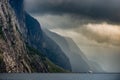 Car ferry in the distance Lysefjord as seen from lysebotn Norway Landscape Royalty Free Stock Photo