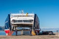 Greek ferry boat at the port. Summer Holidays - Commercial car ferry of Corfu town Royalty Free Stock Photo