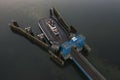 Overhead Aerial View of a Small Ferryboat docking on Lummi Island.