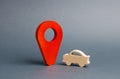 Car figure and a red location marker. Search cars, buy or sell. Contacting the police to find the wanted stolen car. Car Breakdown Royalty Free Stock Photo