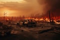 Car on fire in the burned forest. Conceptual image