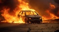 Car on fire in the Palestine Israel war