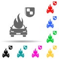 car fire and safety shield multi color style icon. Simple glyph, flat vector of insurance icons for ui and ux, website or mobile Royalty Free Stock Photo