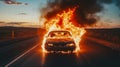 A car on fire on the side of the road Royalty Free Stock Photo