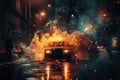 Car in flames after explosion on dark city street Royalty Free Stock Photo