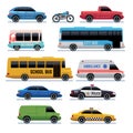 Car flat icons. Public city transport bus, cars and bike, truck. Vehicle vector cartoon symbols Royalty Free Stock Photo