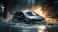 Car in a flooded street after heavy rain Royalty Free Stock Photo