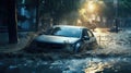 Car in a flooded street after heavy rain Royalty Free Stock Photo