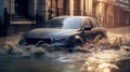 Car in a flooded street after heavy rain Royalty Free Stock Photo