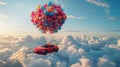 Car flying in the sky tied to bunch of balloons