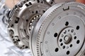 New car flywheel with clutch in backgroung, with selective focus Royalty Free Stock Photo