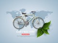 Car free day holiday banner or poster. Paper cut style bicycle, realistic leaves with water drops. Wold map blue color background,
