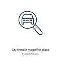 Car front in magnifier glass outline vector icon. Thin line black car front in magnifier glass icon, flat vector simple element