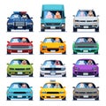 Car front view. Auto automotive people man woman child family urban drivers traffic vehicles driving cars set flat set