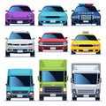 Car front view icons set. Vehicles driving auto service police truck sedan taxi cargo cars road city transport Royalty Free Stock Photo