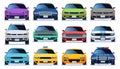 Car front view set. Urban city traffic vehicle model cars. Police and taxy color fast auto traffic driving flat vector Royalty Free Stock Photo