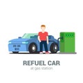 Car fuel refill process at gas refuel station in flat vector Royalty Free Stock Photo