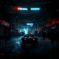 A car in futuristic city alley at night oil painting