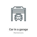 Car in a garage outline vector icon. Thin line black car in a garage icon, flat vector simple element illustration from editable