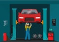 Car garage vector illustration, man mechanic standing and repairing auto Royalty Free Stock Photo