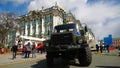 Car GAZ against the building of the Hermitage Museum in St. Petersburg during the celebration of the Victory parade Royalty Free Stock Photo