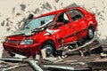 The car get damaged in an accident on the road. Broken car after a collision. Serious car accident. Road traffic accident