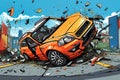 The car get damaged in an accident on the road. Broken car after a collision. Serious car accident. Road traffic accident