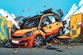 The car get damaged in an accident on the road. Broken car after a collision. Serious car accident. Road traffic accident