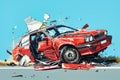 The car get damaged in an accident on the road. Broken car after a collision. Serious car accident. Road traffic accident