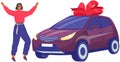 Car gift with happy woman joyfully jumping and waving hands. New automobile with big red bow ribbon