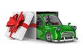 Car in gift packing on white background. Isolated 3D illustration